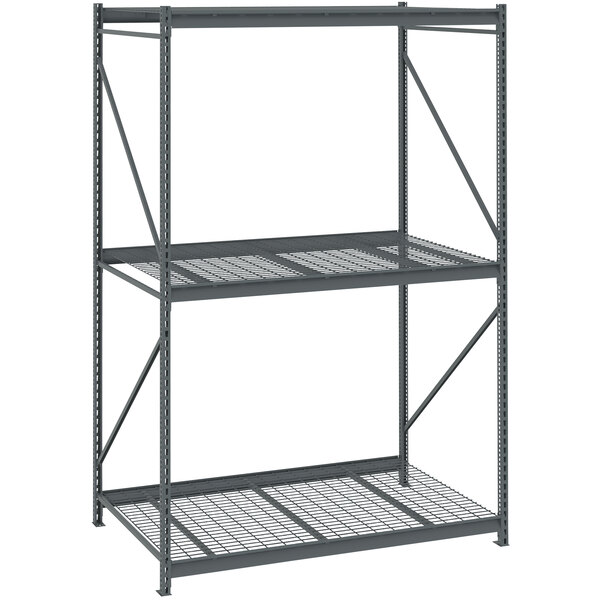 A dark gray metal Tennsco bulk storage rack unit with wire decking.