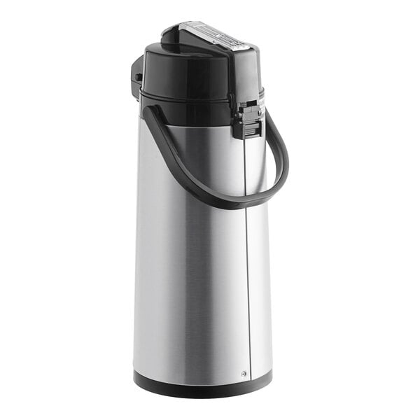 A Curtis stainless steel airpot with a black lever.