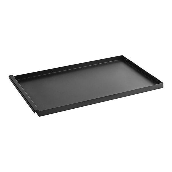 A black rectangular ash pan with a handle.