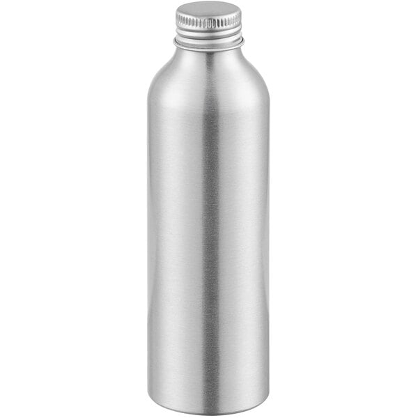 A silver aluminum bottle with a lid.