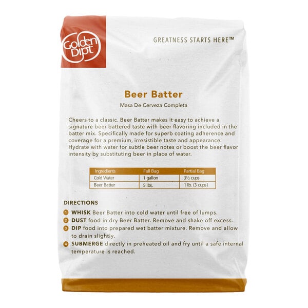 A 5 lb. bag of Golden Dipt Complete Beer Batter Mix.