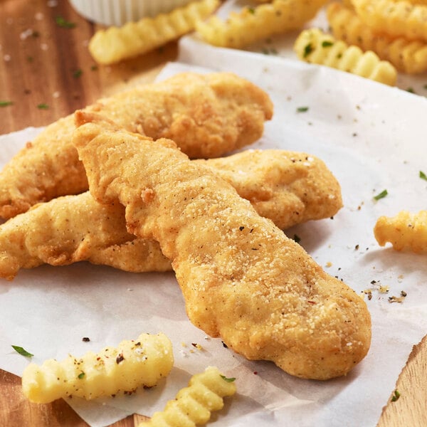 Golden Dipt Deluxe Chicken Breader coating on fried chicken nuggets with fries on a cutting board.