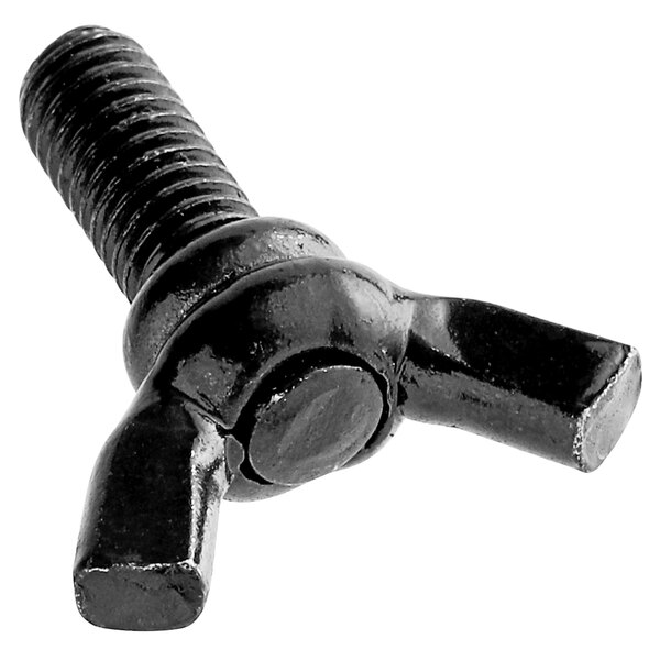 A black metal screw with a nut.