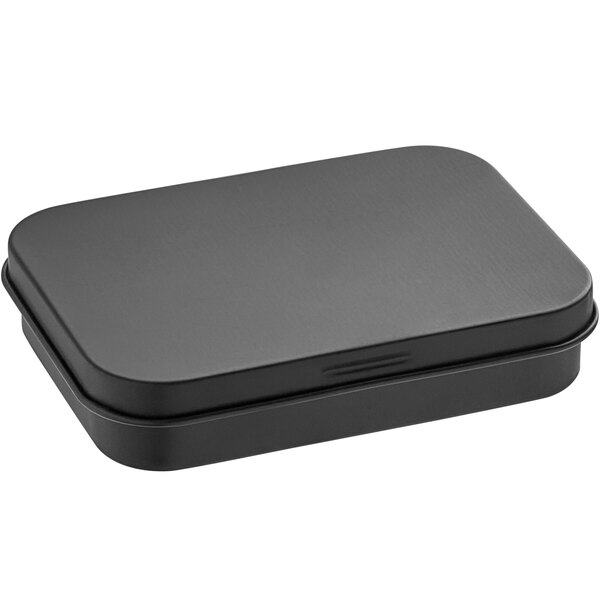 A black rectangular metal tin with a slip cover.