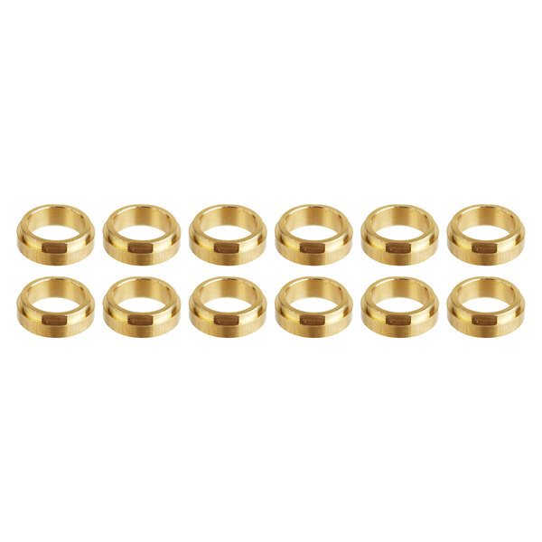 A row of Galaxy bronze gear bearings with gold rings and a hole in the middle.