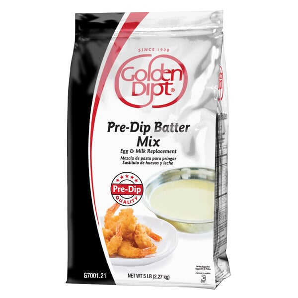 A bag of Golden Dipt Pre-Dip batter mix with a black and red label.