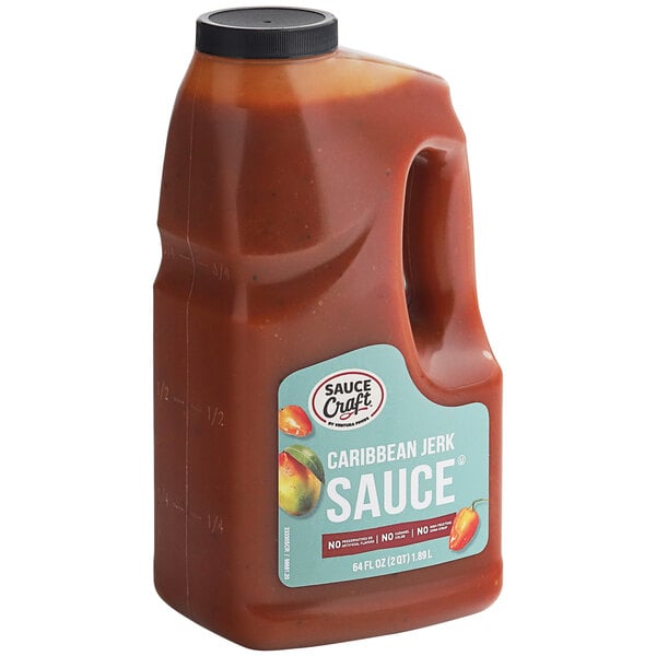 A plastic container of Sauce Craft Caribbean Jerk Sauce on a white background.