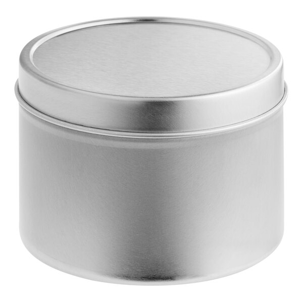 A round silver tin with a lid.