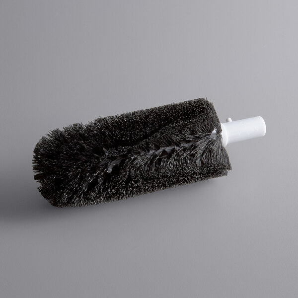A black round brush with long bristles and a white handle.