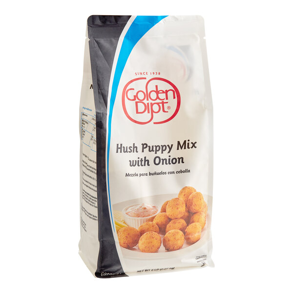 A bag of Golden Dipt Hush Puppy Mix with Onion on a white background.