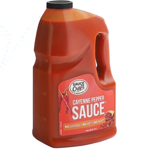 A jug of Sauce Craft Cayenne Pepper Sauce with a label.
