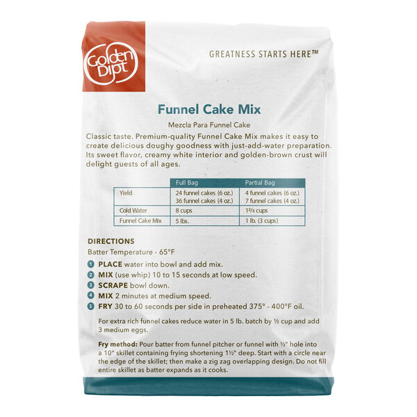 A 5 lb. bag of Golden Dipt Funnel Cake Mix.