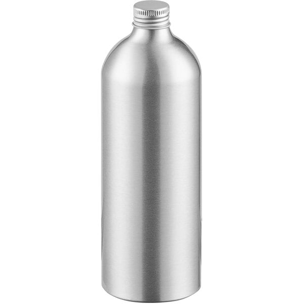 A silver aluminum bottle with a cap.
