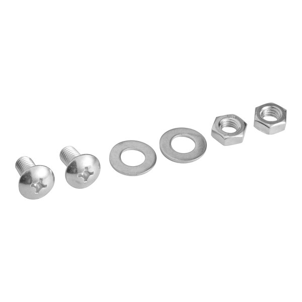 A group of screws and nuts on a white background.