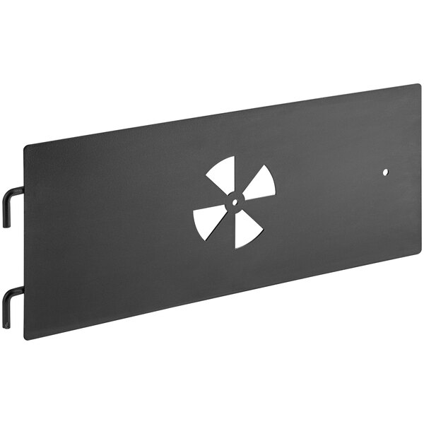 A black metal rectangular panel with a circular symbol.