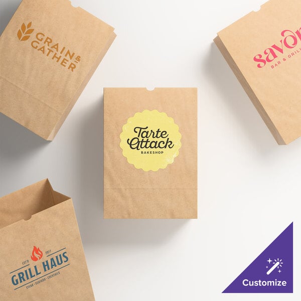 A set of customizable natural kraft heavy-duty paper barrel sacks with various printed logos.