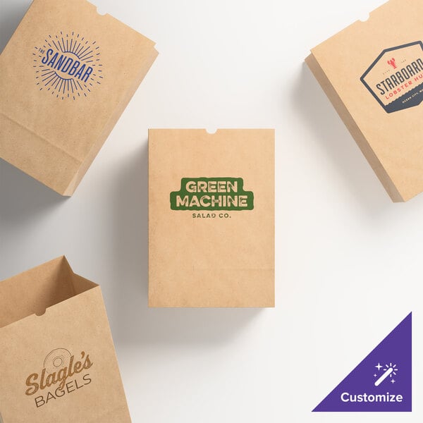 A set of customizable natural kraft paper sacks with various printed business logos.