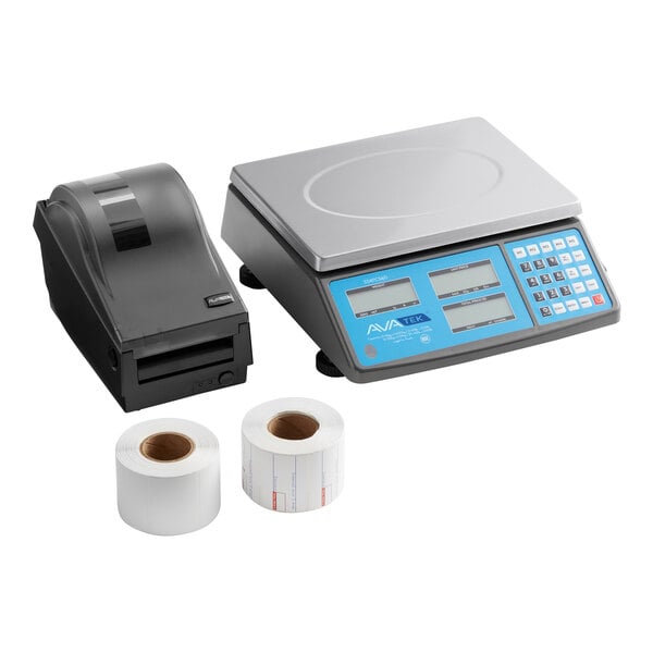 A digital price computing scale with a thermal label printer and two rolls of label paper.