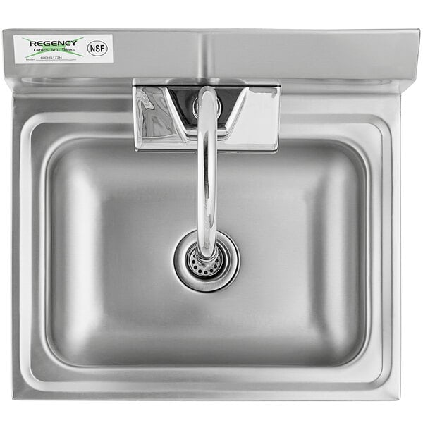 A Regency stainless steel wall-mounted hand sink with a gooseneck faucet.