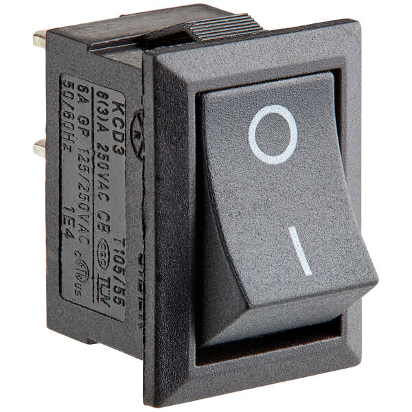 A black switch with a white circle on the button.