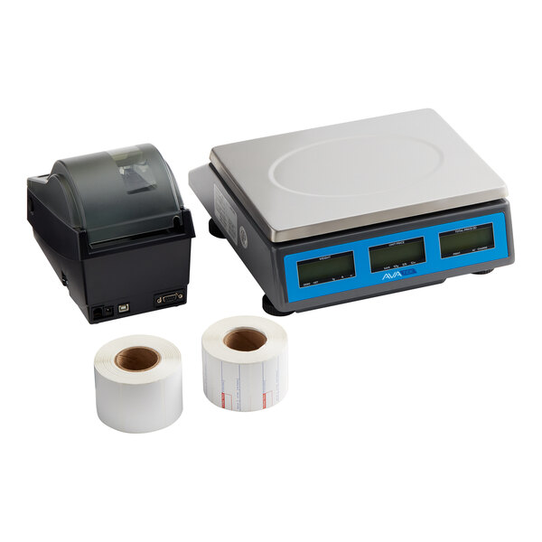 A digital price computing scale with a thermal label printer and two rolls of labels.