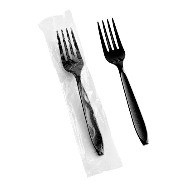 A heavy weight black plastic fork, with one shown individually wrapped in plastic.