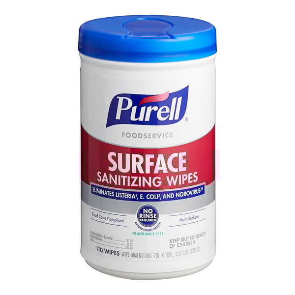 A white Purell container with a blue lid and a red label for Purell Foodservice Surface Sanitizing Wipes.