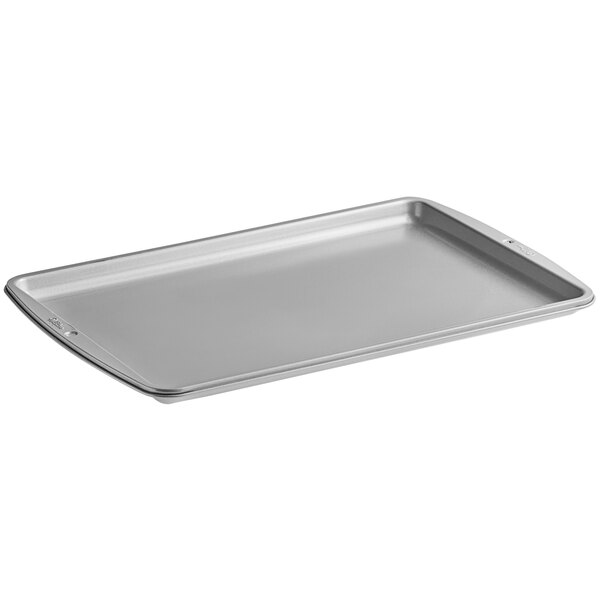 A close-up of a Wilton Recipe Right medium non-stick rectangular baking sheet.