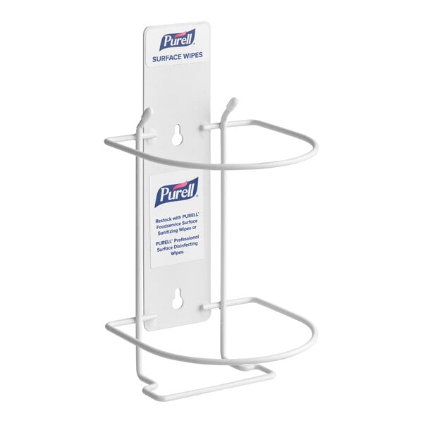 A white metal Purell surface wipes holder.