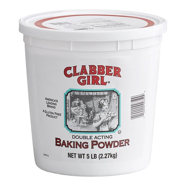 A white plastic tub labeled 'Clabber Girl Double Acting Baking Powder' with a vintage-style illustration and a net weight of 5 lb (2.27 kg).
