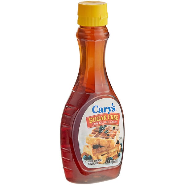 A Cary's Sugar Free Pancake and Waffle Syrup bottle with a yellow label and cap.