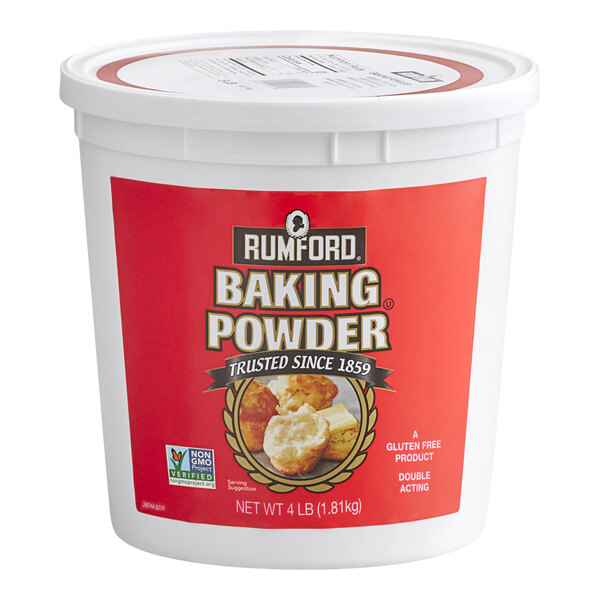 A white plastic tub with a red label displaying 'Rumford Baking Powder' and images of baked goods on the front.
