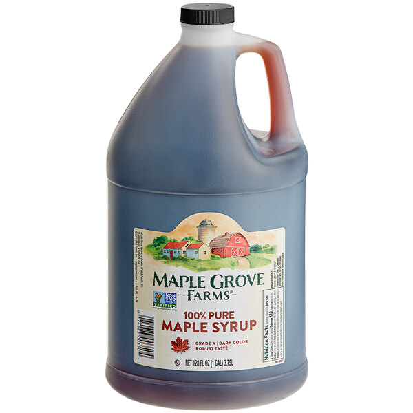 A Maple Grove jug of maple syrup with a label.