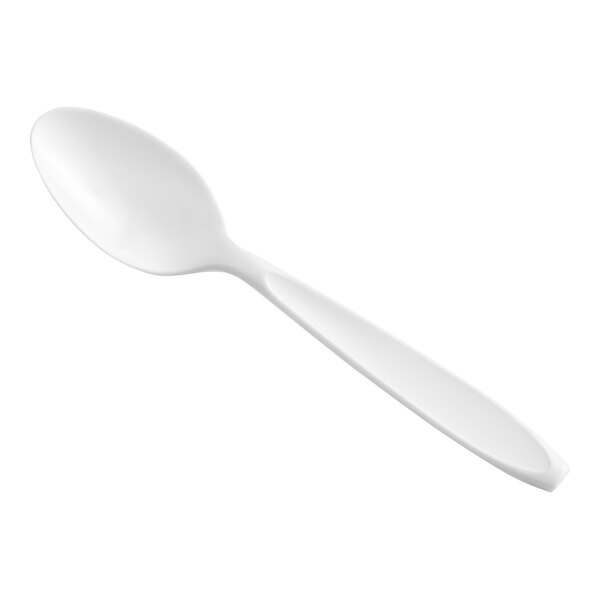 A white plastic teaspoon.