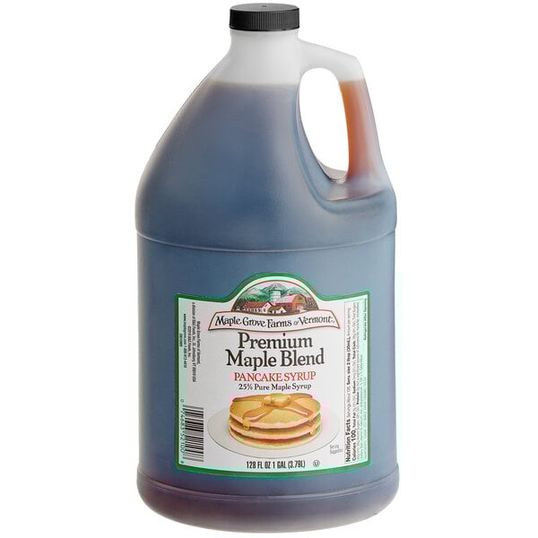 A large jug of Maple Grove pancake syrup with a white cap.