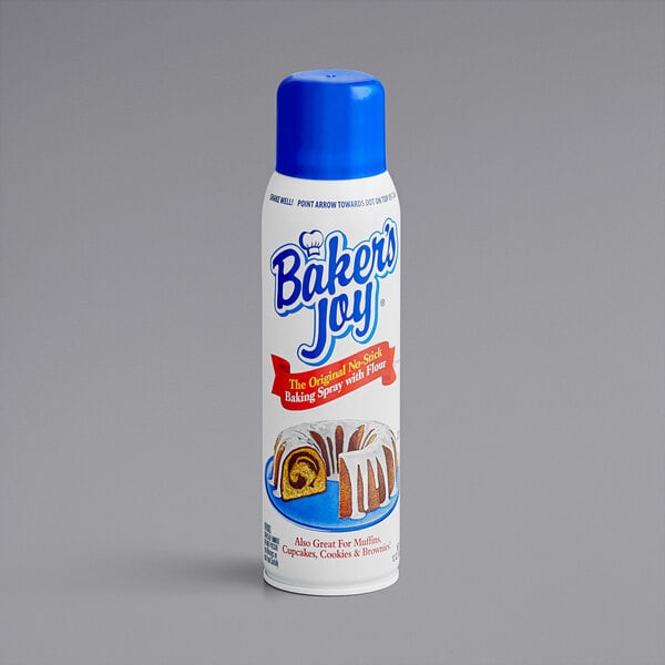 A white and blue Baker's Joy spray can with a blue label.