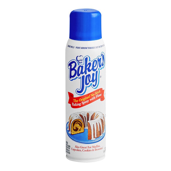 A can of Baker's Joy non-stick baking spray with a blue cap and images of baked goods on the label.