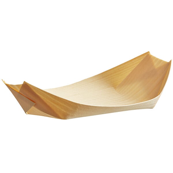 A Tablecraft disposable wood boat on a white background.