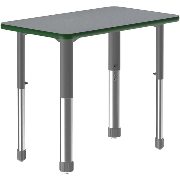 A grey rectangular Correll collaborative desk with grey legs and a green band on the top.