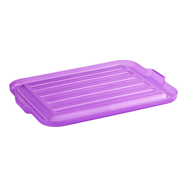A purple heavy-duty polypropylene lid for a Vigor bus tub with a handle.