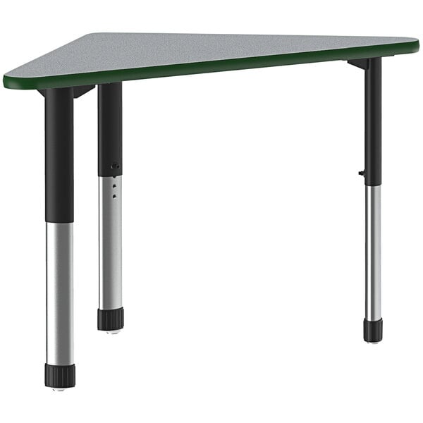 A triangular Correll desk with a gray granite top with a green band and black metal legs.