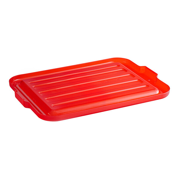 A red heavy-duty polypropylene Vigor bus tub lid with a handle.