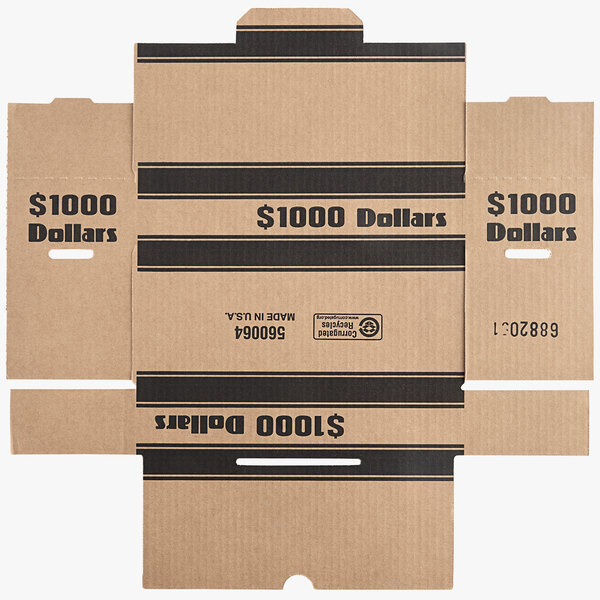 A gray cardboard box with black text reading "Controltek USA Gray Coin Box" containing $1000 in dollar coins.