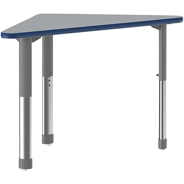 A gray triangular table with a blue band and gray metal legs.