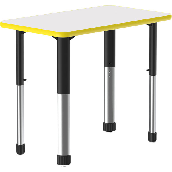 A white rectangular Correll desk with a yellow border and black legs.