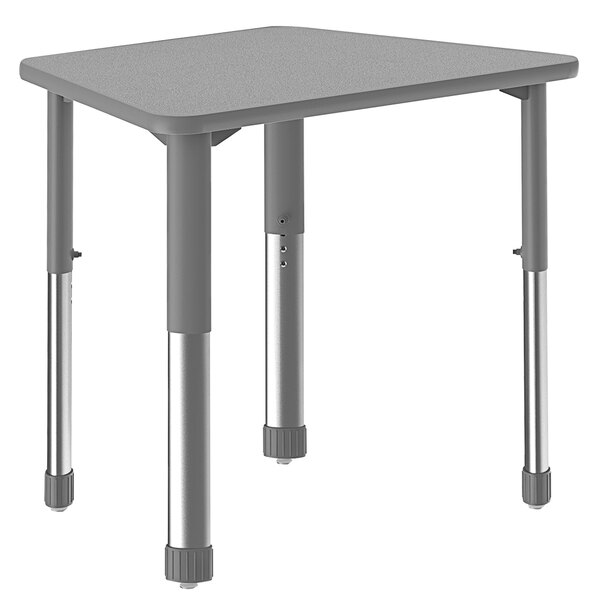 A trapezoid gray laminate table with gray metal legs.