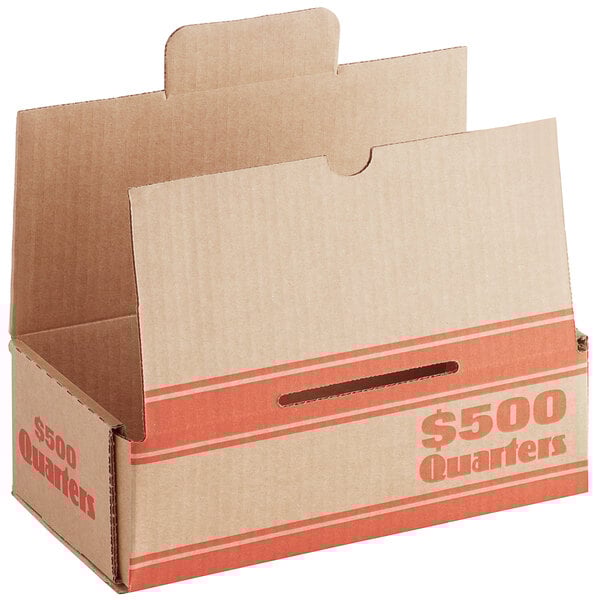 A white cardboard Controltek USA coin box with orange and red stripes.