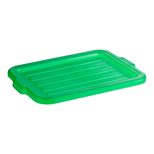 A green polypropylene lid for a Vigor bus tub with a handle.