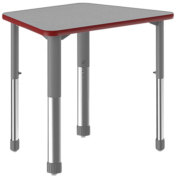 A grey trapezoid desk with metal legs and a red band.