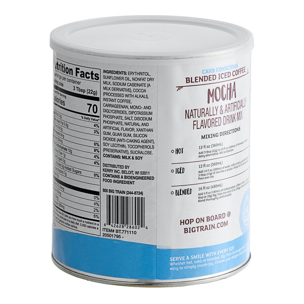 A Big Train Low Carb Mocha Blended Ice Coffee Mix can with a label.